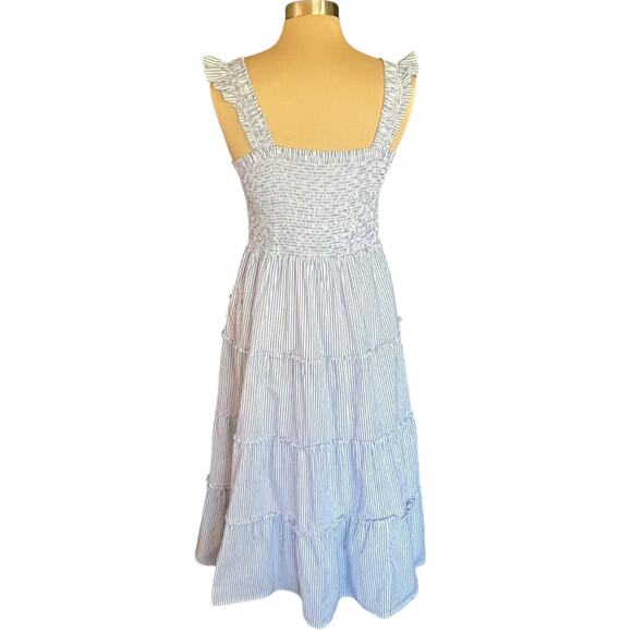 J Crew Blue White Stripe Smocked Tiered Midi Dress Size M Coastal Sundress Beach - Picture 3 of 10